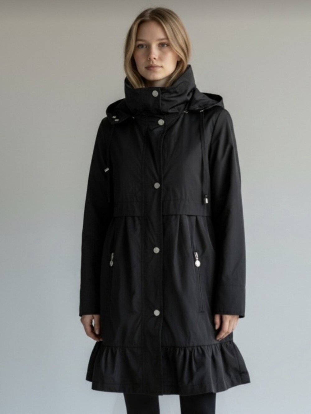 BETSEY JOHNSON! LUXE BLACK NYLON, SCRUNCHY COLLAR, RUFFLED HEM JACKET, COAT! S